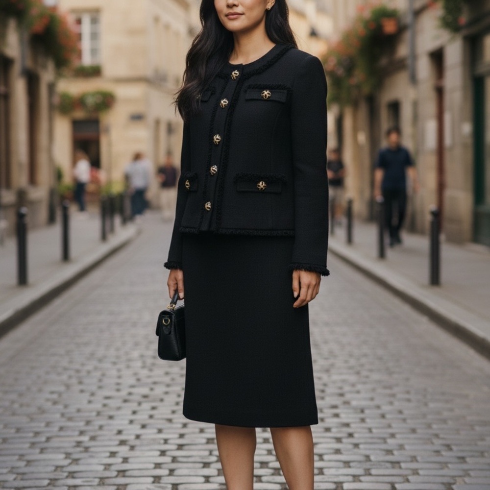 St. John Caviar Collection Black Blazer with Gold Buttons and Skirt Suit Set